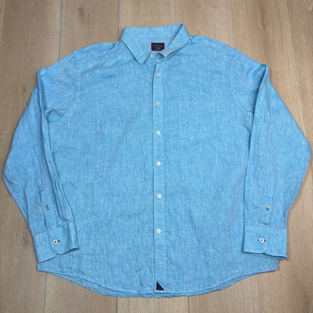 UNTUCKit Mens Light Blue 100% Linen Long Sleeve Button Down Shirt XXL Casual